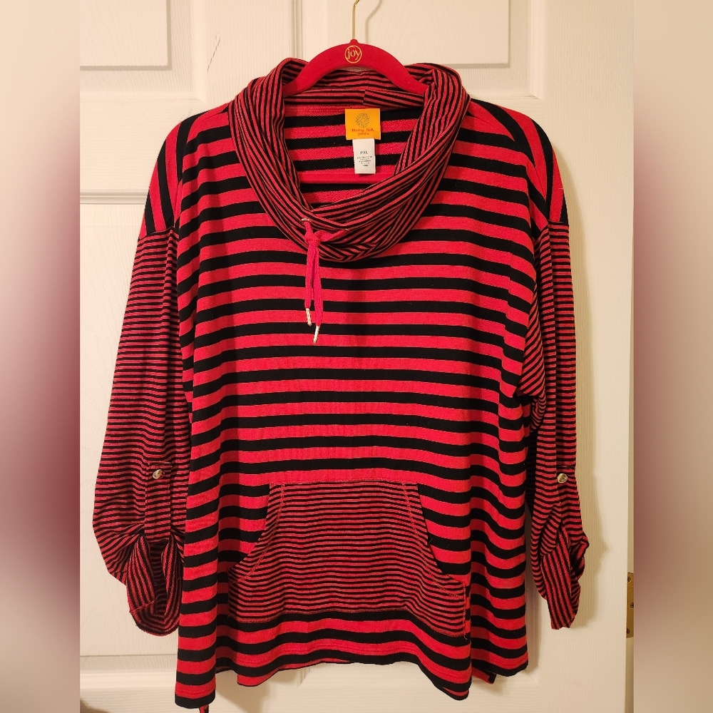 Ruby Red red and Black Striped Cowl Neck Top, sz PXL